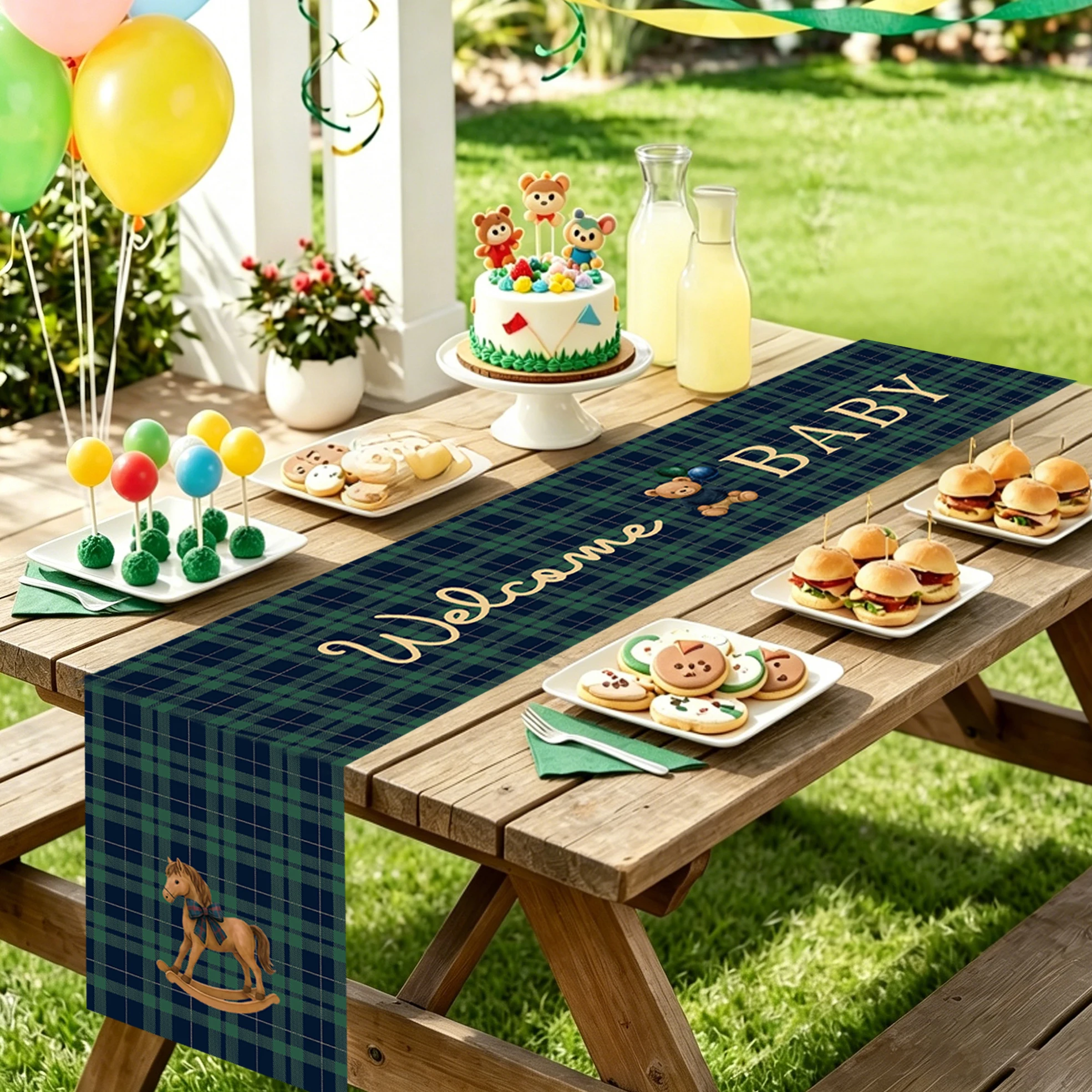 Welcome Baby BearTable Cover Green Blue Tartan Plaids Baby Shower Decorations We Can Bearly Wait Birthday Table Cover  Vintage