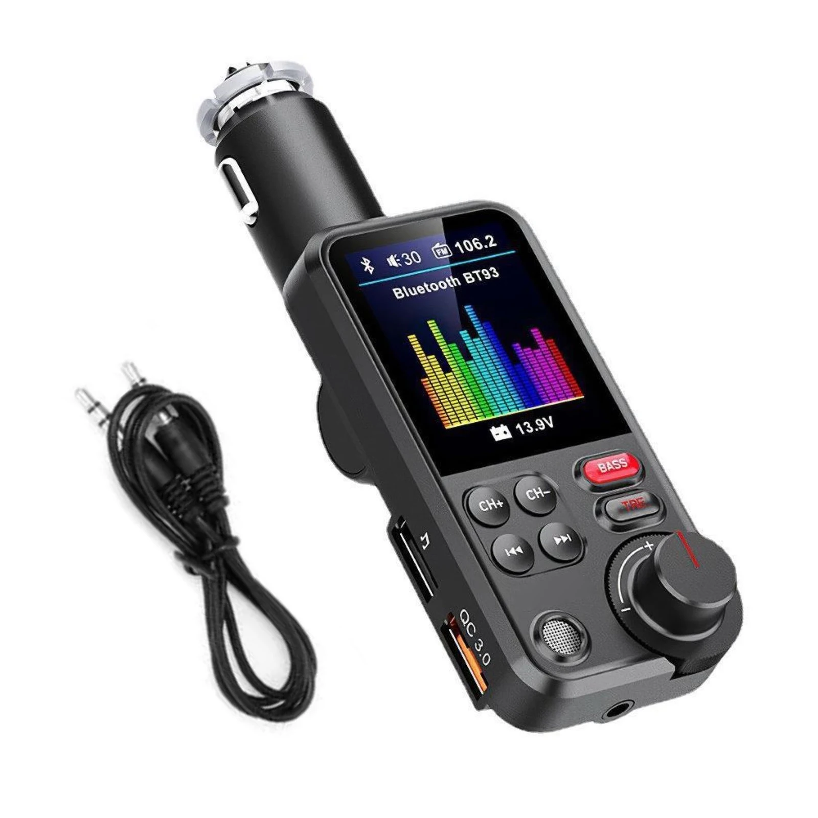 

Зарядное устройство 2 USB, беспроводной Bluetooth 5,0, автомобильный FM-передатчик с аудиокабелем, QC3.0, зарядка высоких и низких частот, автомобильный музыкальный плеер