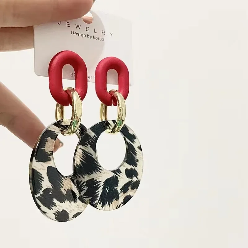 New Arrival Sweet and Fresh Geometric Leopard Print Round Dangle Earrings for Women Korean Trendy Exaggerated Earrings Jewelry