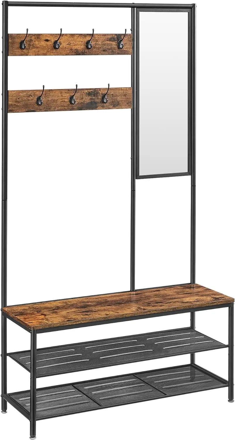 

Coat Rack Shoe Bench with Mirror, Hall Tree with Bench and Shoe Shelves, 13.8 x 38.6 x 70.9 in, Bedroom Living Room, Industrial