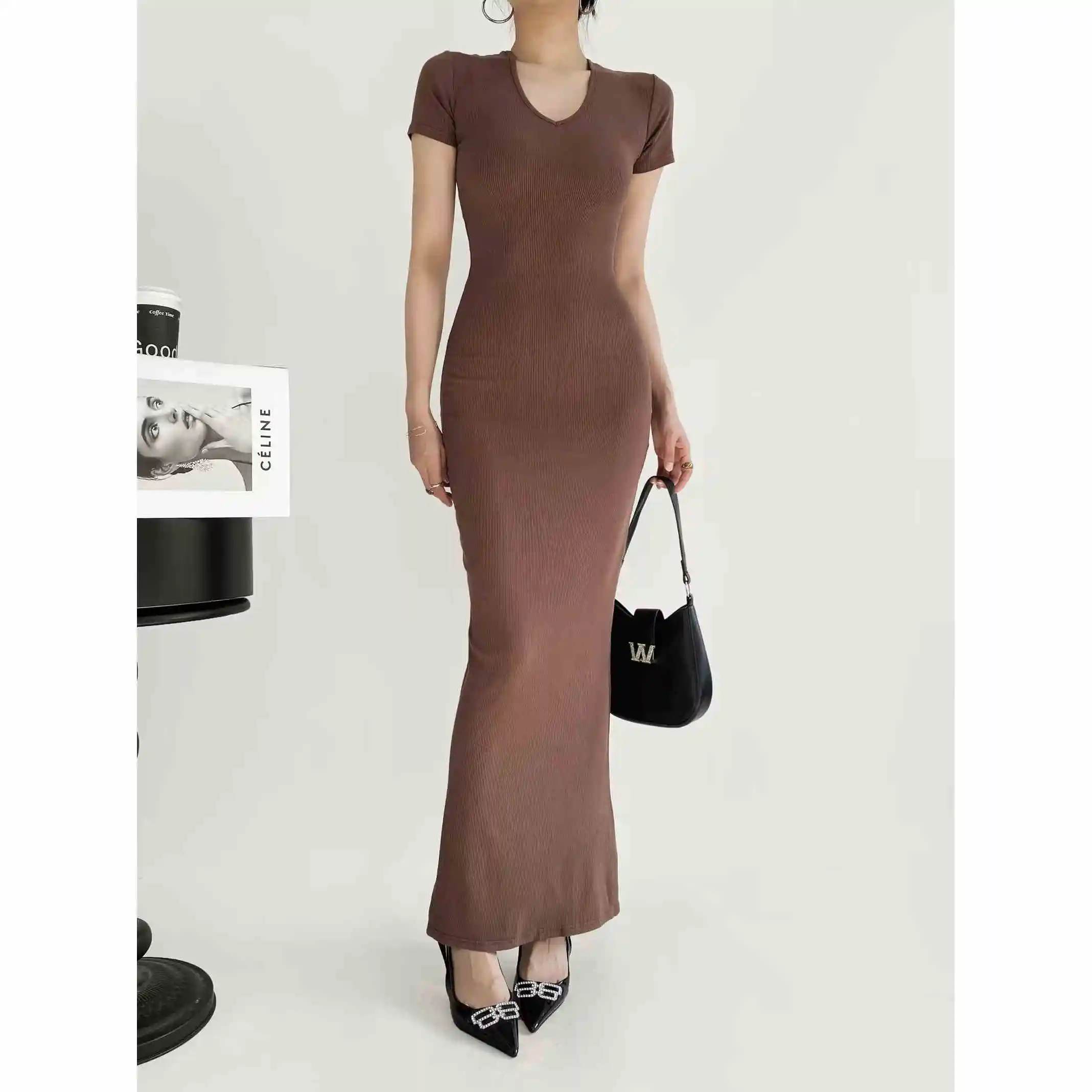 

Sexy V-ne ort Sve Bodycon Dr Summer New Sle Slimming Long One-step Skirt Women's Pure Desire Faion Dr