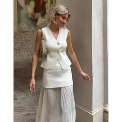 Elegant Knitted Vest Skirt Suit For Women V-neck Sleeveless Buttoned Vest Pleated Patchwork Skirt 2024 Summer Office Ladies Suit