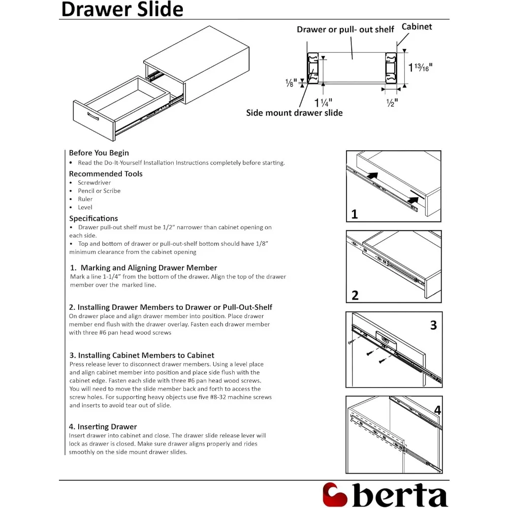 شرائح محمل كروي كاملة التمديد مقاس 24 بوصة من الفولاذ شديد التحمل، سعة تحميل 100 رطل، حامل جانبي، 10 أزواج