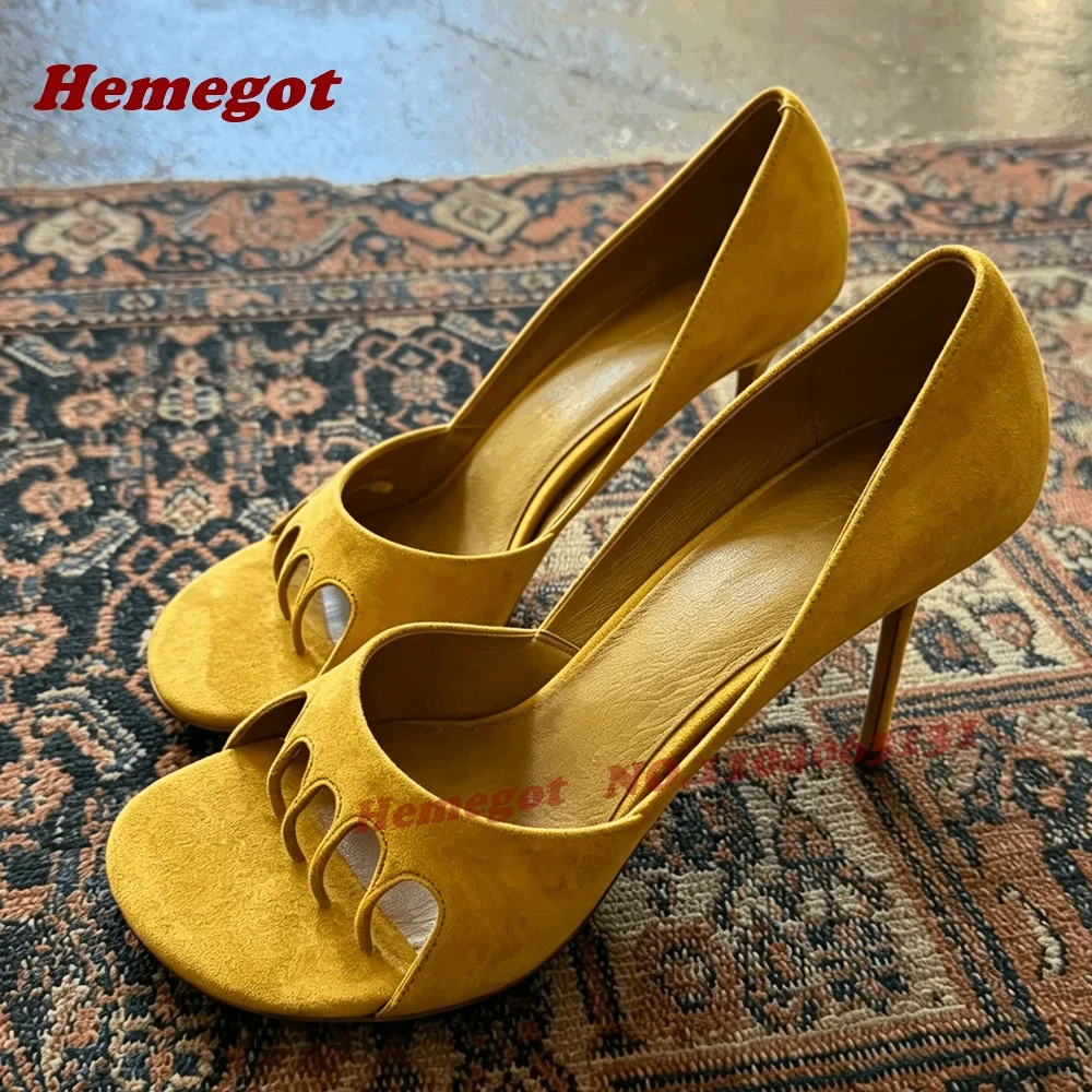 Brown Five-Fingers Hollow Out Pumps Suede Side Air Shallow Women's Pumps Stiletto High Heels Summer Runway Shoes 2026 New Sexy