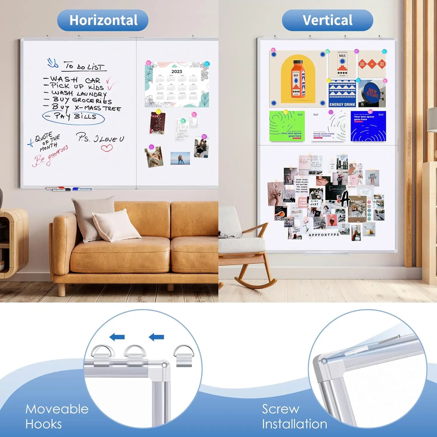 Large Magnetic Whiteboard 48x36 Inch Foldable Aluminum Frame Dry Erase Board for Wall Home Office Classroom