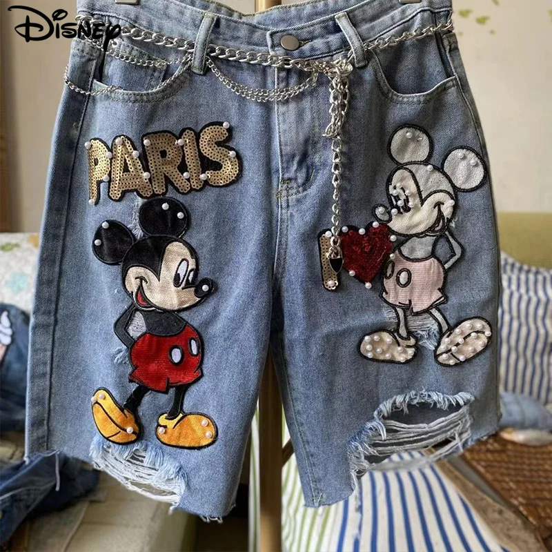 Disney New Arrival moda z najwyższej półki bawełniana damska haftowana koralikami z miki myszka letnia duże nieregularne z wysokim stanem