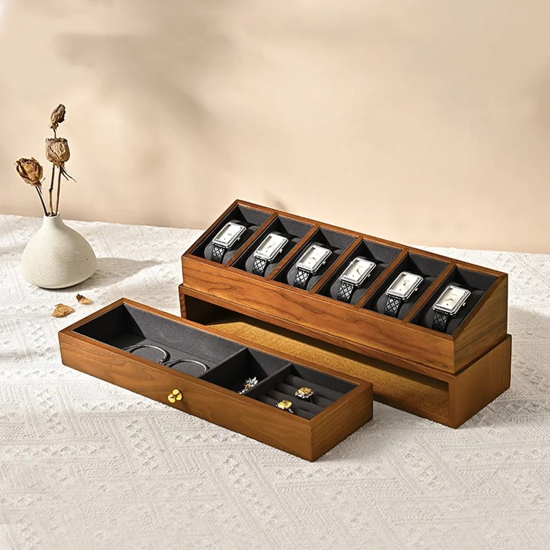6 Grild Solid Wooden Watch Box Double-layer Drawer Jewelry Display Box Watch Storage Box Watch Organizer Case