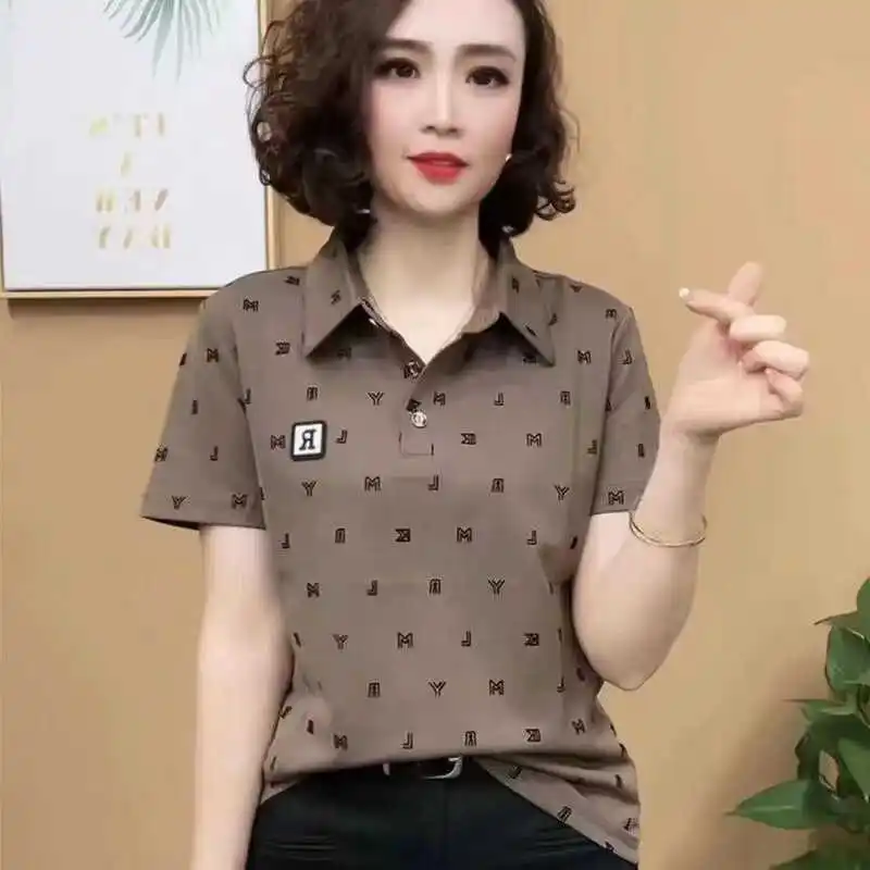 Fashionable Summer 2026 Women's Loose Fit Short Sleeve T-Shirt Turn-down Collar plus Size Slimming Age-defying Commute Style ...