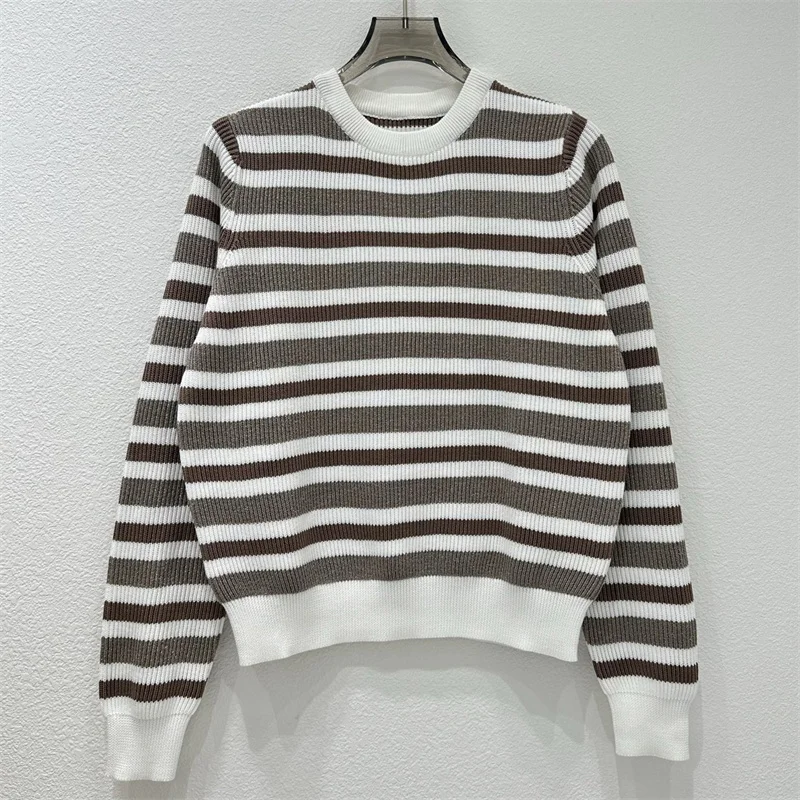 

Women's sweater New elastic knitted long sleeved top for autumn 2025 Cotton round neck pullover Silver yarn striped Knitwear y2k