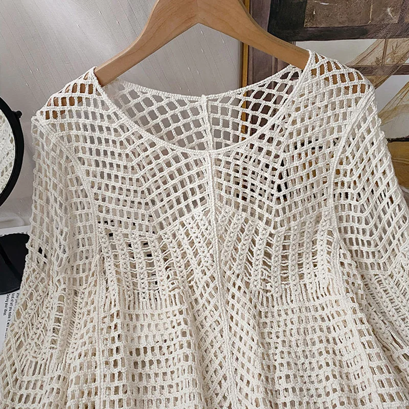 Boring Honey Round Collar Women's Clothes For Summer Hollow Out Long Sleeves Women's T-Shirt Be All-Match Solid Colors Tops