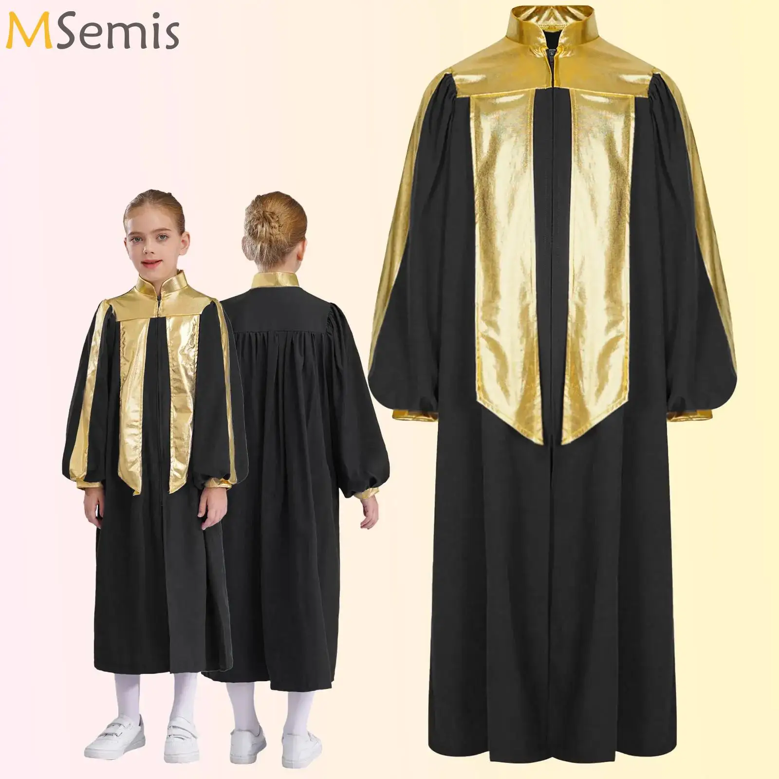 

Boys Girls Church Choir Worship Praise Dance Robe Long Sleeve Metallic Gown Halloween Christian Pastor Priest Graduation Costume