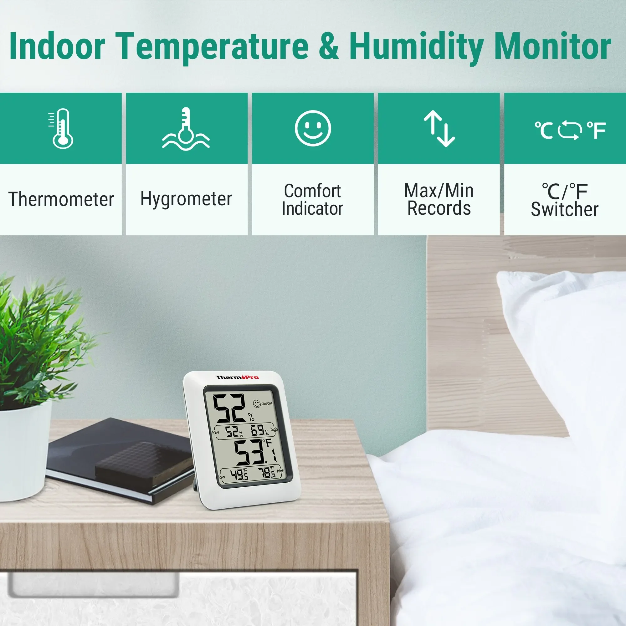 TP50 Thermomètre Hygromètre Numérique d'Intérieur pour surveiller la Température et l'Humidité