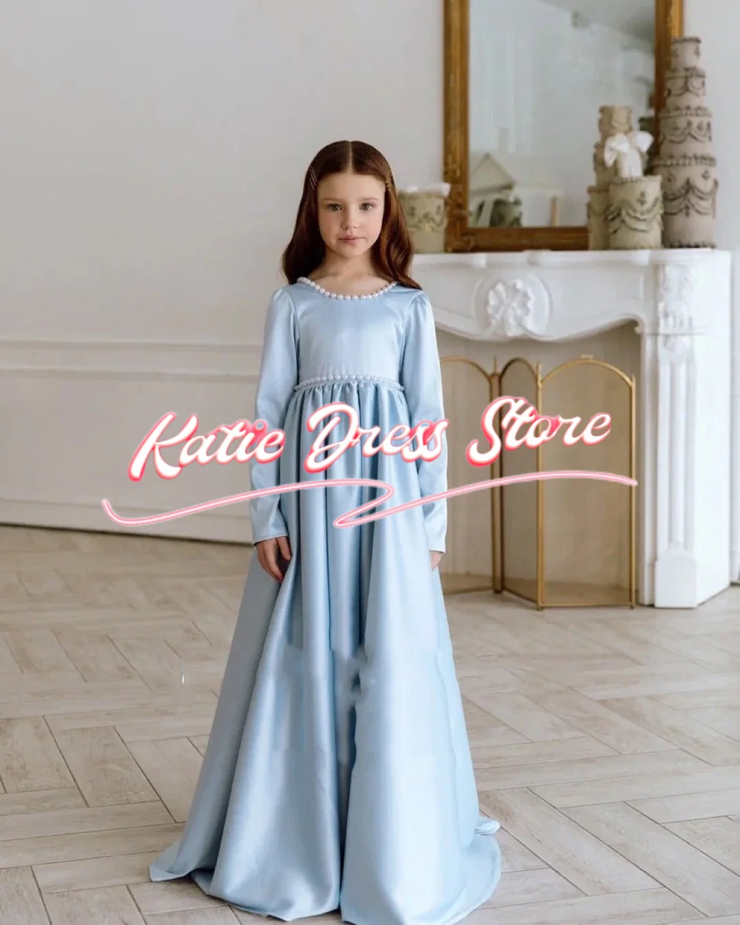 Vestido floral azul céu personalizado para casamento, cetim, pérolas inchadas, arco, festa de aniversário infantil, primeira comunhão, vestidos de baile