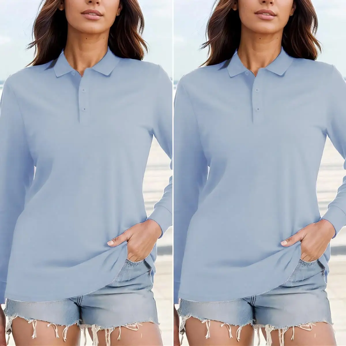 Dwuczęściowy zestaw damskich koszulek polo w jednolitym kolorze, koszulka z kołnierzykiem w stylu hip-hop, jesienne ubrania z długim rękawem, codzienne ubrania biznesowe dla kobiet.