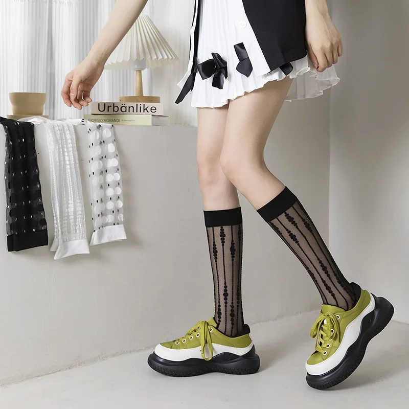 Summer Ultra Thin Silk Socks Crystal Black White Girls Wave Point Stripe Strap Elastic Stockings Women Casual Calcetines Mujer