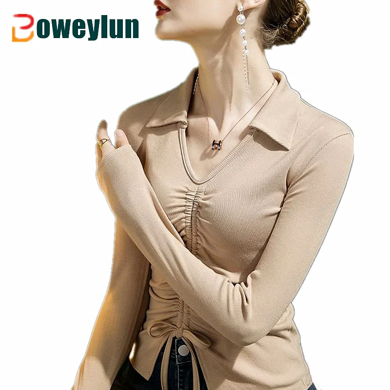 

Boweylun Polo Neck Long Sleeve Women Skin-friendly Comfortable Solid Slim Long Sleeve