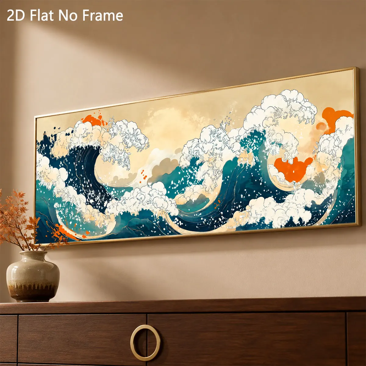 Horizontal Japanese Ukiyo-e Ocean Wave Wall Art, Teal Sea Wave Print, Wide Vintage Canvas for Living Room Sofa Decor Posters