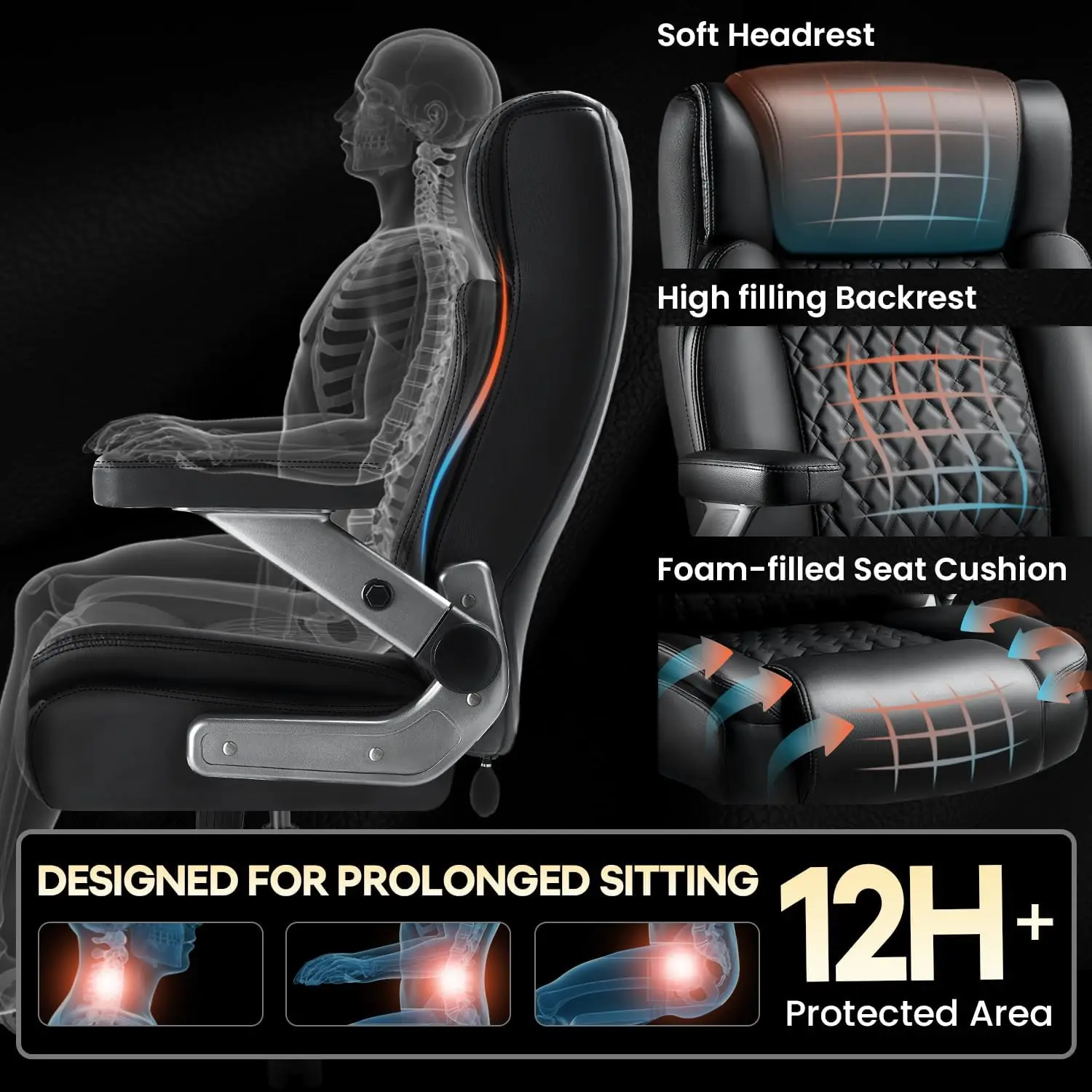 Cadeira de escritório resistente de 700LBS com braços 5D, cadeira de mesa executiva com encosto alto, suporte lombar ajustável, rodas duplas de borracha (preto