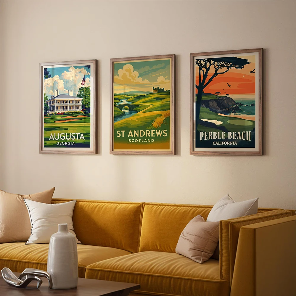 Famous Golf Courses Wall Art Cartoon Poster Print Vintage Augusta Pebble Beach, St Andrews Canvas Painting Picture Home Decor