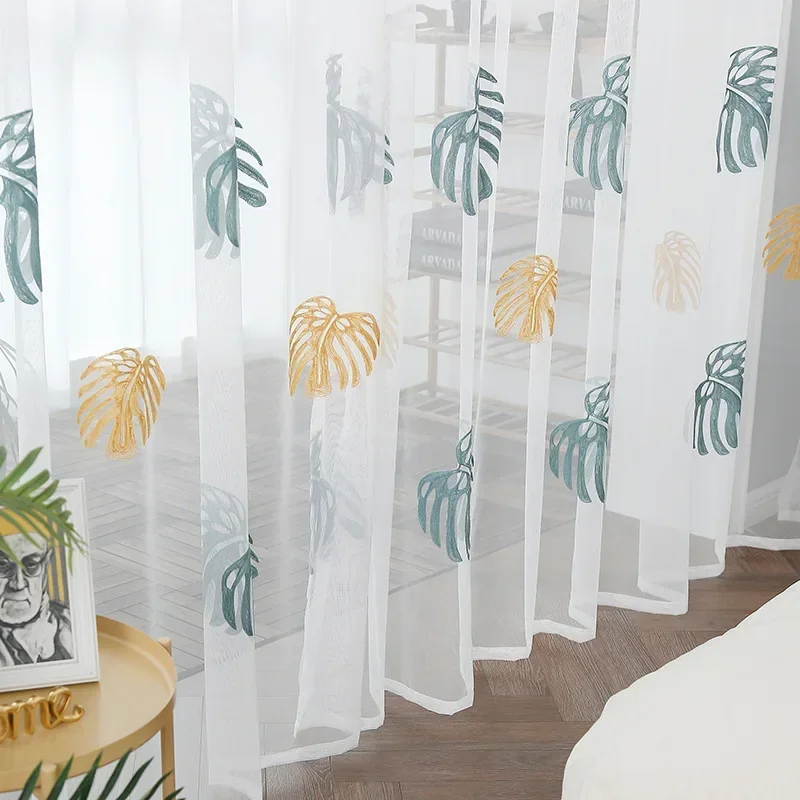Simple White Tulle Sheer Yarm Gauze Curtains for Living Room Bedroom Transmission Custom Leaves Luxury Window Elegant Customize