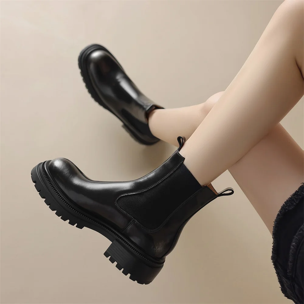 RIZABINA Size 34-42 Genuine Leather Women Chelsea Boots Elastic Band Thick Bottom Short Boots Ladies Slip On Winter Warm Shoes