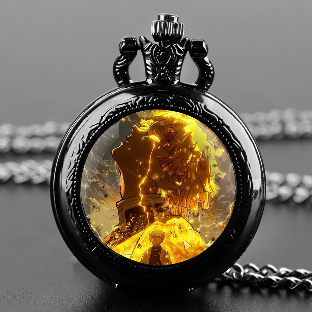 Anime Demon Slayer Design Glass Dome Fashion Arabic Numerals Quartz Pocket Watch Necklace Pendant Chain Mens Women Gifts