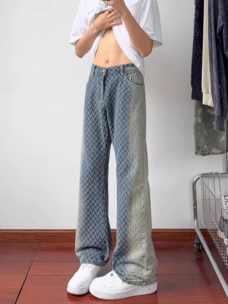 

aduated Blue Slim Fit Denim Jeans American Wa Embroidery Straight Leg Pants Youth Faion Breathable Loose Straight Cut
