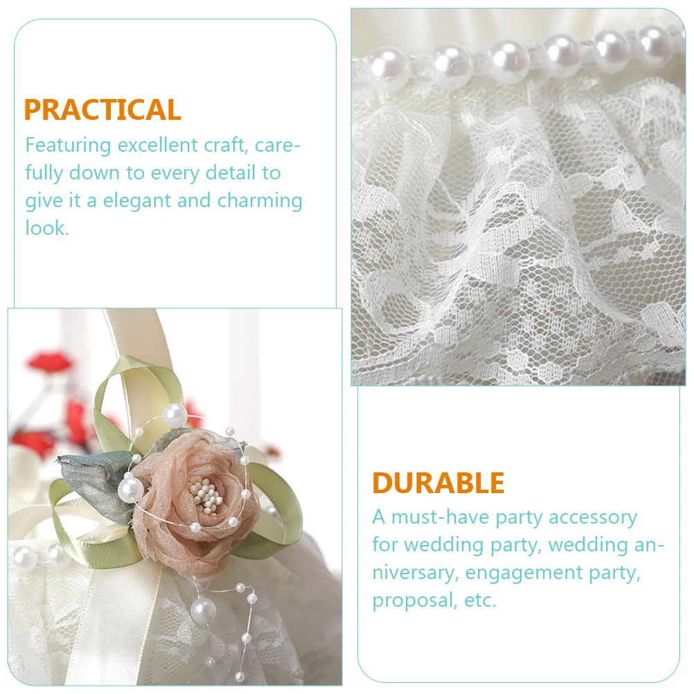 سلة زهور مزخرفة باللؤلؤ لحفلات الزفاف، سلة زهور دانتيل أنيقة، ملحقات الحفلات، ديكور دش الزفاف