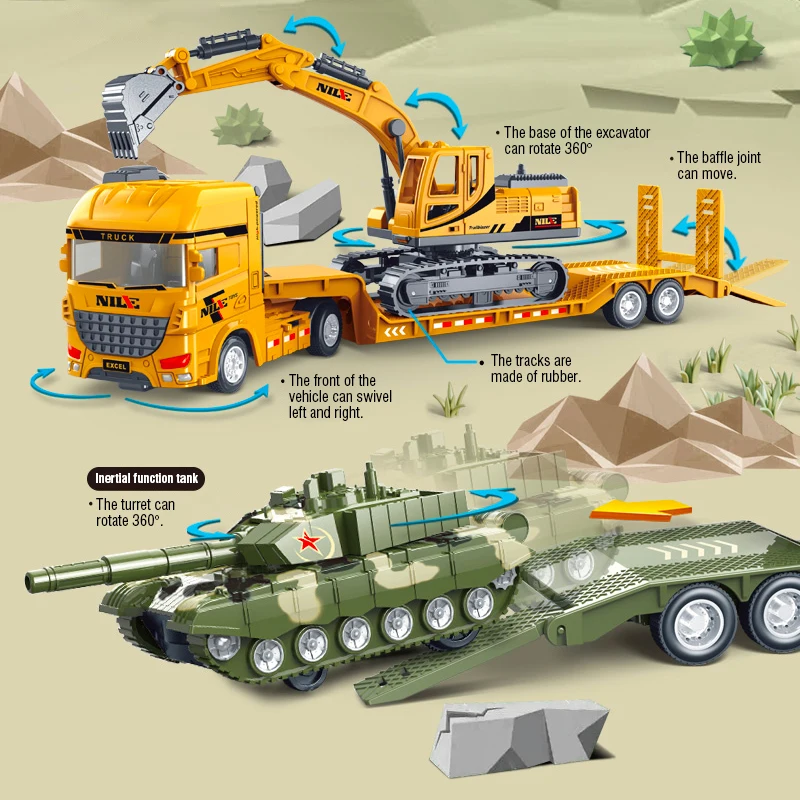 Kids Toys Excavator Tank Model Semi-Carrier Container Engineering Set Vehicle Transport Truck Inertial Car Collection Boys Gift