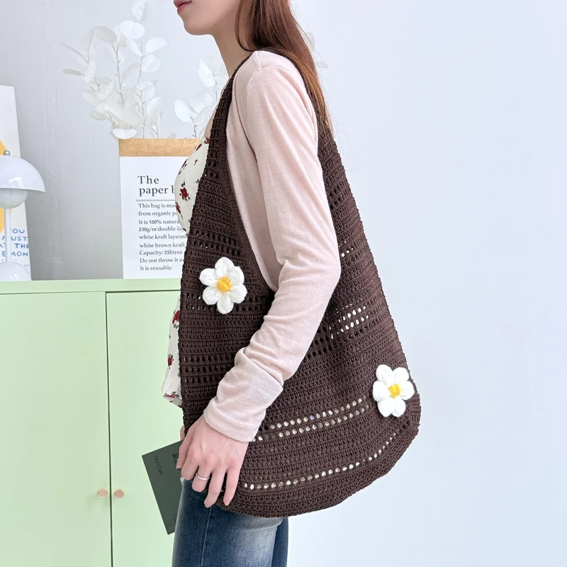 3D-Blumen-Hohlstrick-Umhängetasche, Koreanische Damen-Handtasche in Süßer, Niedlicher Einfarbiger Ausführung, für Pendeln und Freizeitreisen – Detail 19