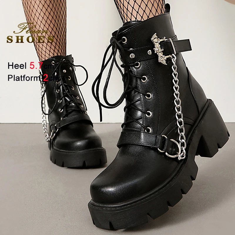 

Black Metal Chain Fall Winter Women Knight Boots Round Toe Ankle Boots Block Heels 5.7cm Platform 2cm Belt Buckle Lace Up Boots