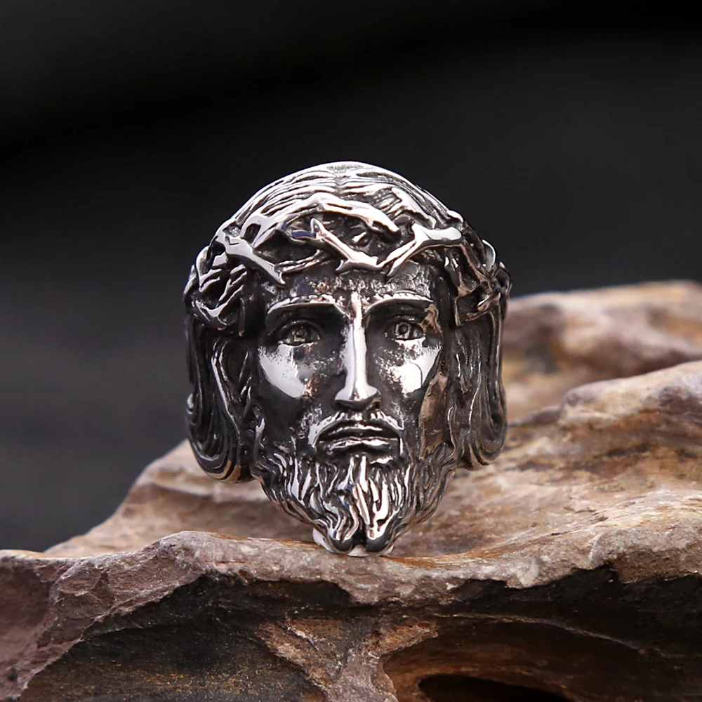 Unique Vintage Catholic Jesus Head Ring Punk Stainless Steel Jesus Portrait Ring Fashion Creative Amulet Jewelry Gifts Wholesale