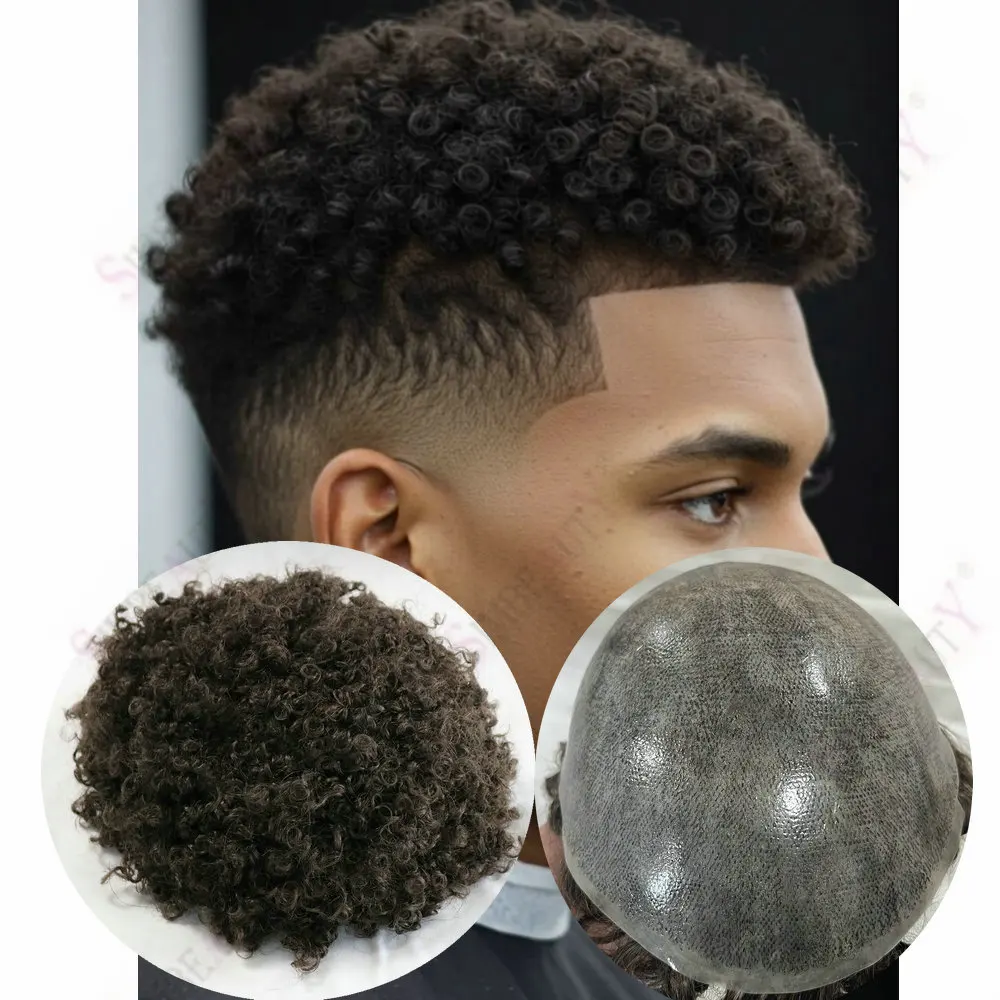 

Черные мужские афро вьющиеся парики 8 мм, система замены человеческих волос, прочная полная кожа, капиллярный протез, парик из натуральных волос