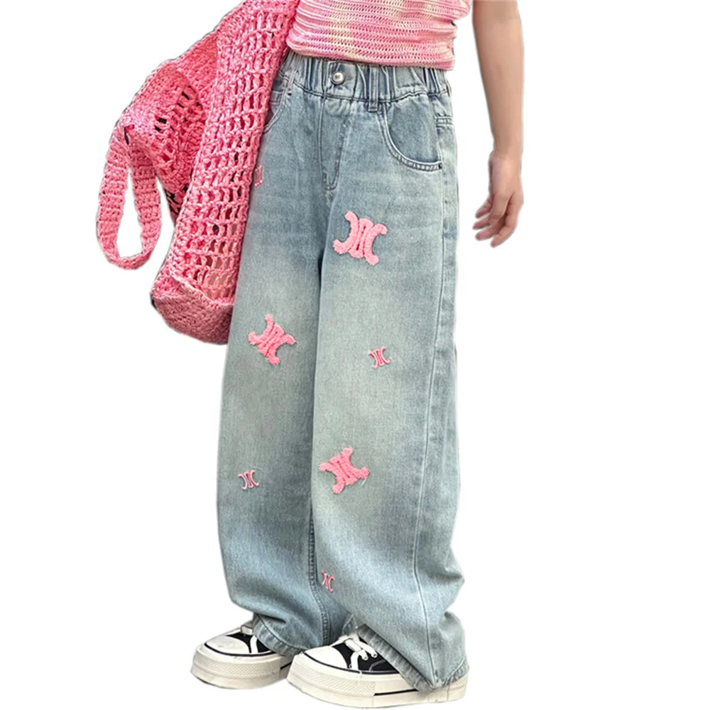 Jeans a gamba dritta per bambini alla moda ricamo asciugamano Jeans per ragazze pantaloni da papà per ragazze pantaloni Casual per bambini 006