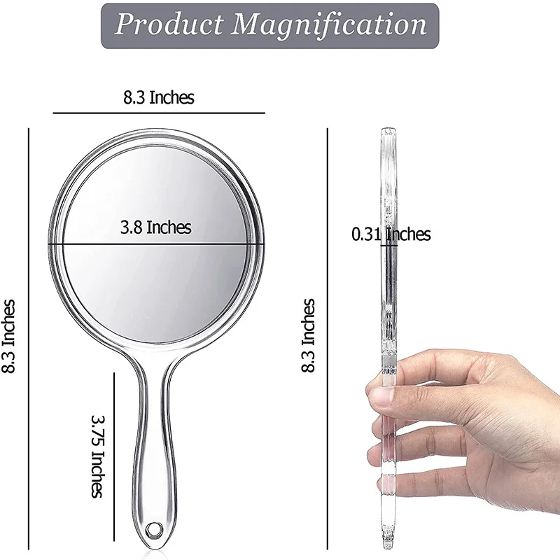 مرآة يد TSHOU769 مرآة محمولة على الوجهين 1x/3x مرآة مكبرة مع مقبض مرآة يد شفافة شكل دائري