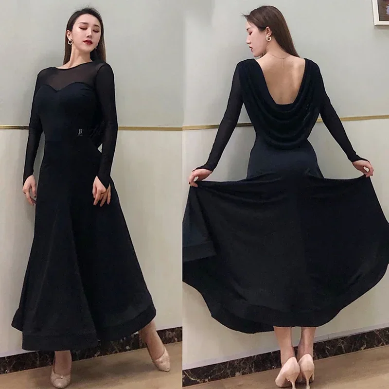 2021 Ballroom Dance Dress Women Mesh Long Dress Prom Waltz Tango Costume Ballroom Practice Wear Backless Balck Dress DNV14445