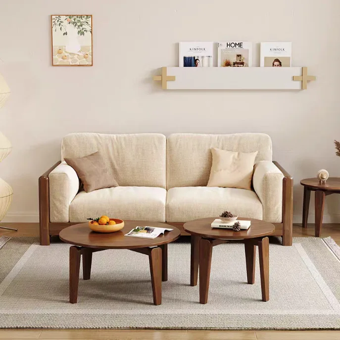Nordic solid wood sofa combination small apartment 1.6M straight row sofa rental room apartment cream wind wood plus cloth sofa