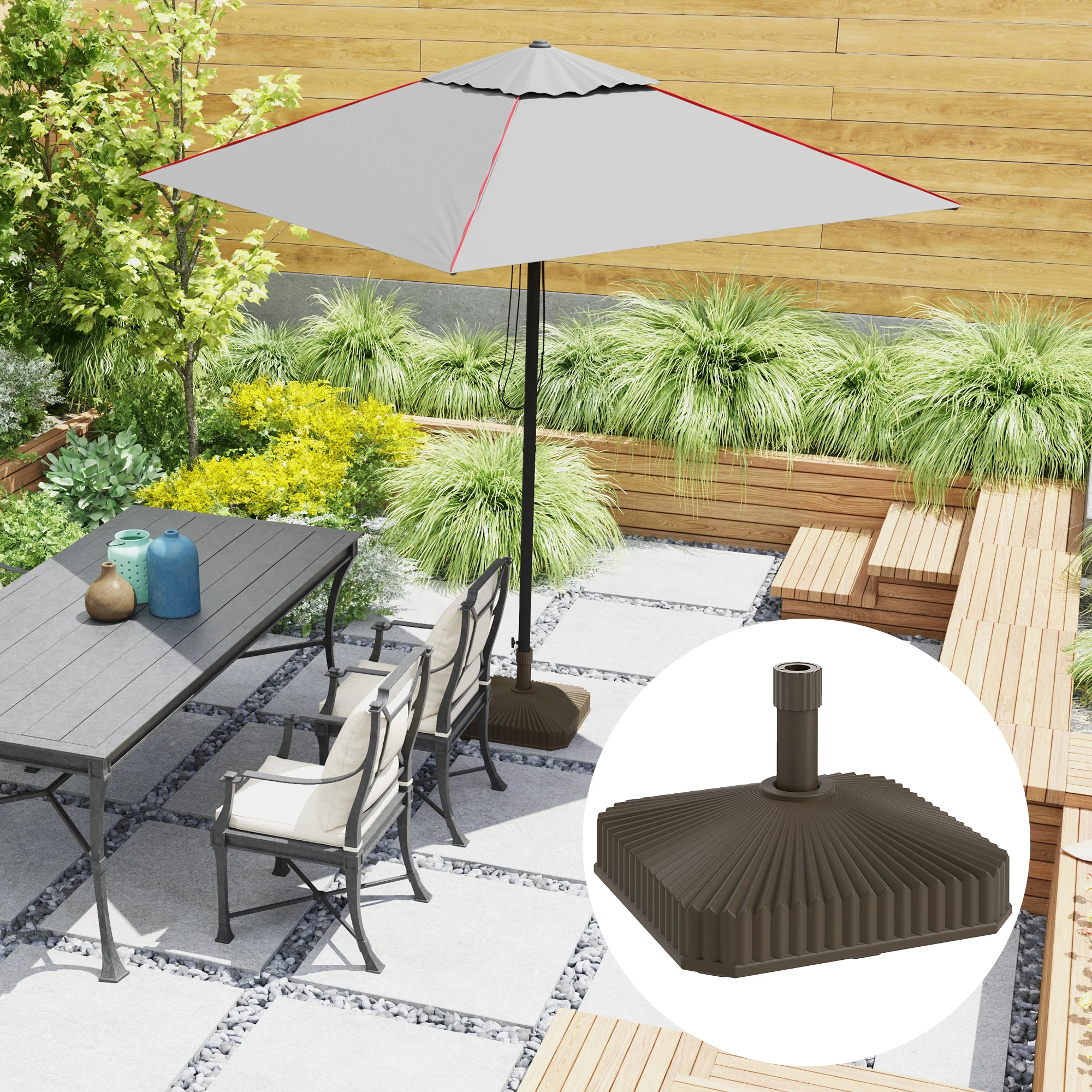 Heavy Duty Patio Umbrella Base, Square Fillable Stand with Sand (42 lbs) or Water (33 lbs), Outdoor for Yard Pool, Brown