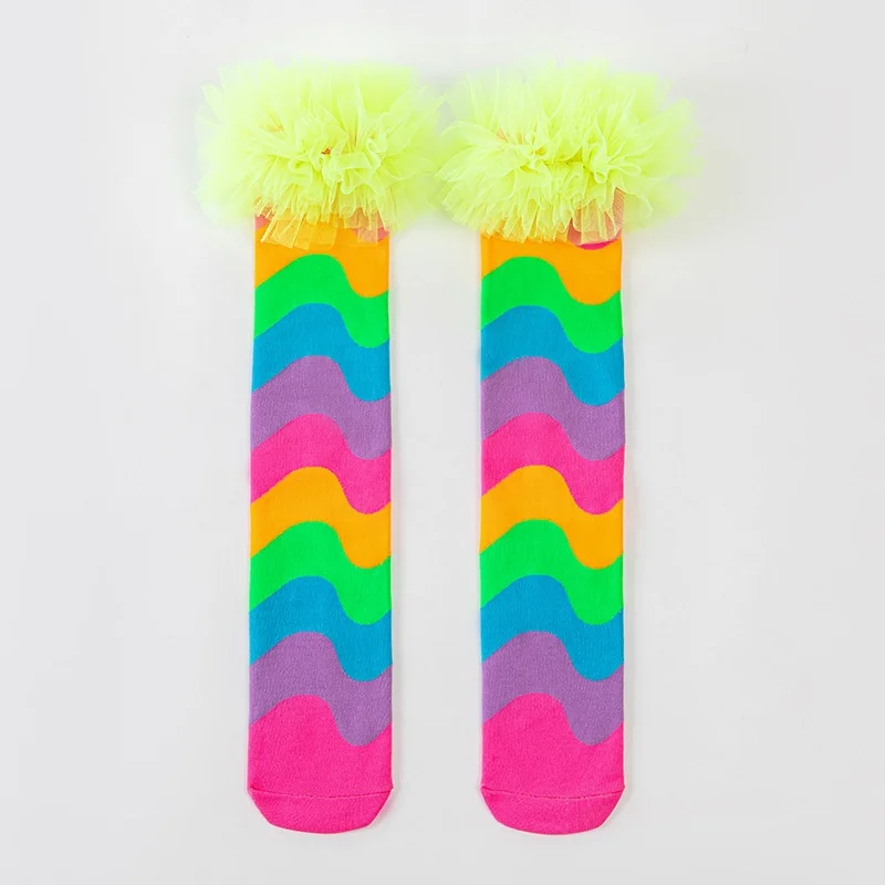 Autumn 3-12Y Kids Rainbow Wave Pattern Long Socks Tulle Lace Trim Over-the-Calf Socks Party Cosplay Baby Girls Stockings image 5