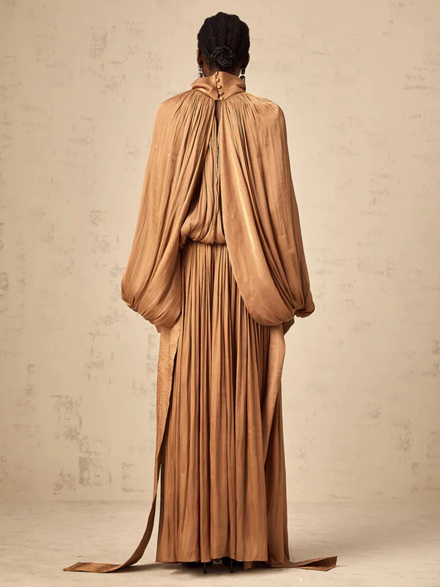 CHICEVER Luxury Chic Prom Robe for Women Scarf Collar Lantern Sleeve High Waist Temperament Pleated Evening Dress Female Clothes