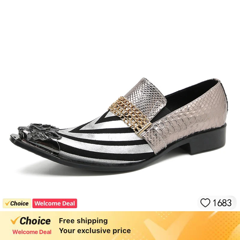 Zapatos de negocios con patrón de serpiente dorada para hombres, zapatos de vestir formales, Punta puntiaguda de Metal de lujo, fiesta, boda, talla grande