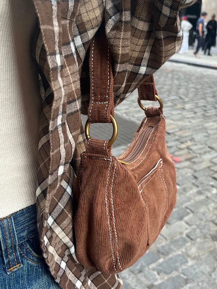 Bolso de mano de pana marrón para mujer, bolsa de hombro Vintage con bolsillo de algodón de alta calidad, costura blanca, cuatro estaciones