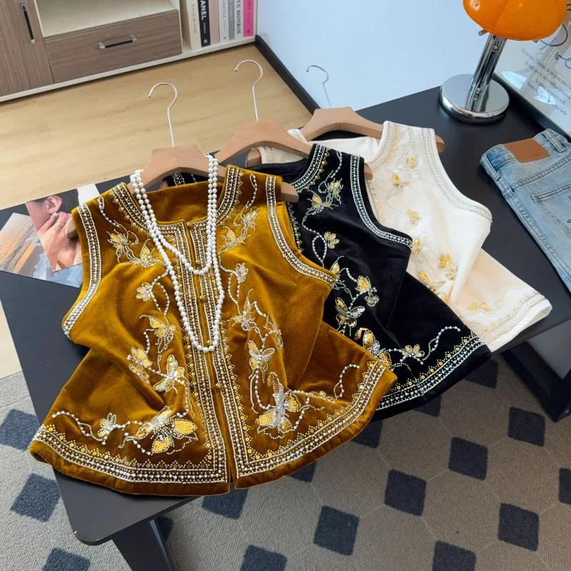 New Chinese Style Tang Suit Hanfu round Neck Buttoned Heavy Gold Velvet Beaded Embroidered Improved Vest for Women