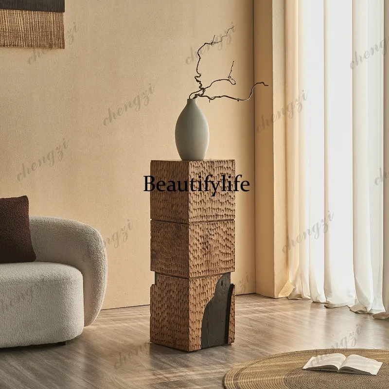 Log wind living room full solid wood decorative table pillar Song style aesthetic wood pier floor vase rack