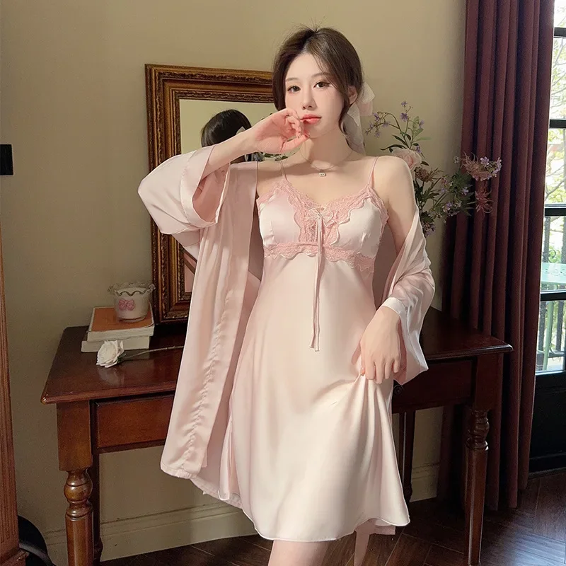 MECHCITIZ Women Sexy Lace Silk Robe & Gown Set Pajamas Set Sleep Dress Bathrobe 2 Piece Robe Bridesmaid Wedding Sleepwear