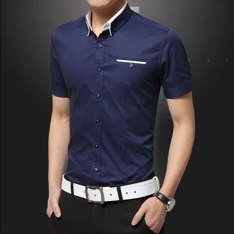 

Faion Slim Fit ort Sve irt Men's Busin Casual Cuban Collar Pure Color Spring Summer Polyester Fiber 00%