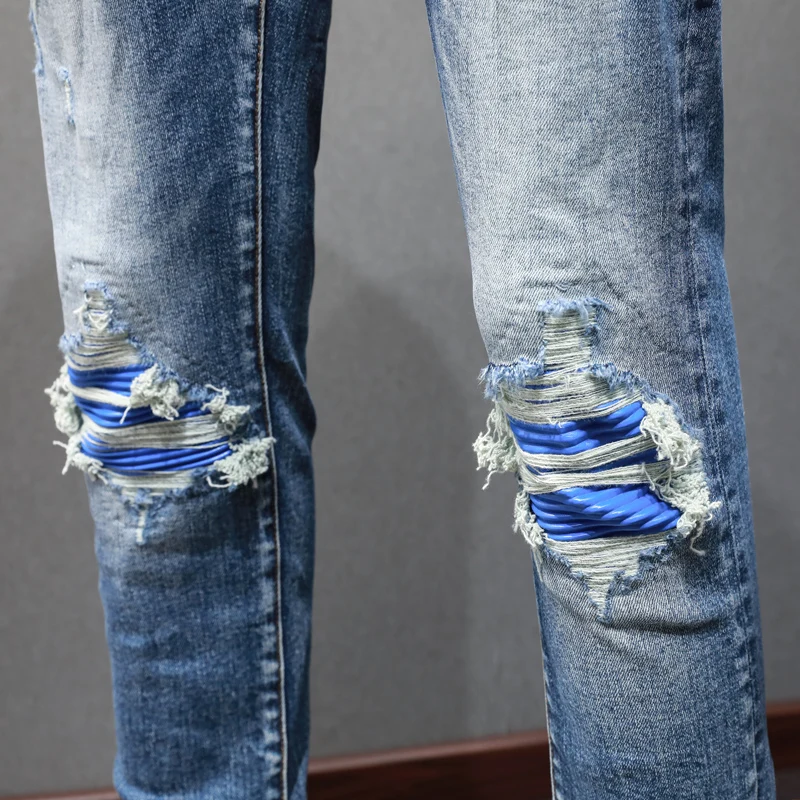 New designer jeans with blue leather patch washed, nostalgic stretch, slim fit, high-quality blue pants Y2K