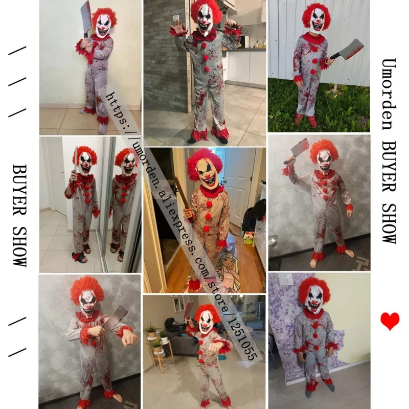 SN88 Fantasia Purim Halloween Costumes for Child Kids Boys Scary Creepy Bloody Killer Circus Clown Jester Costume Cosplay*#2@5