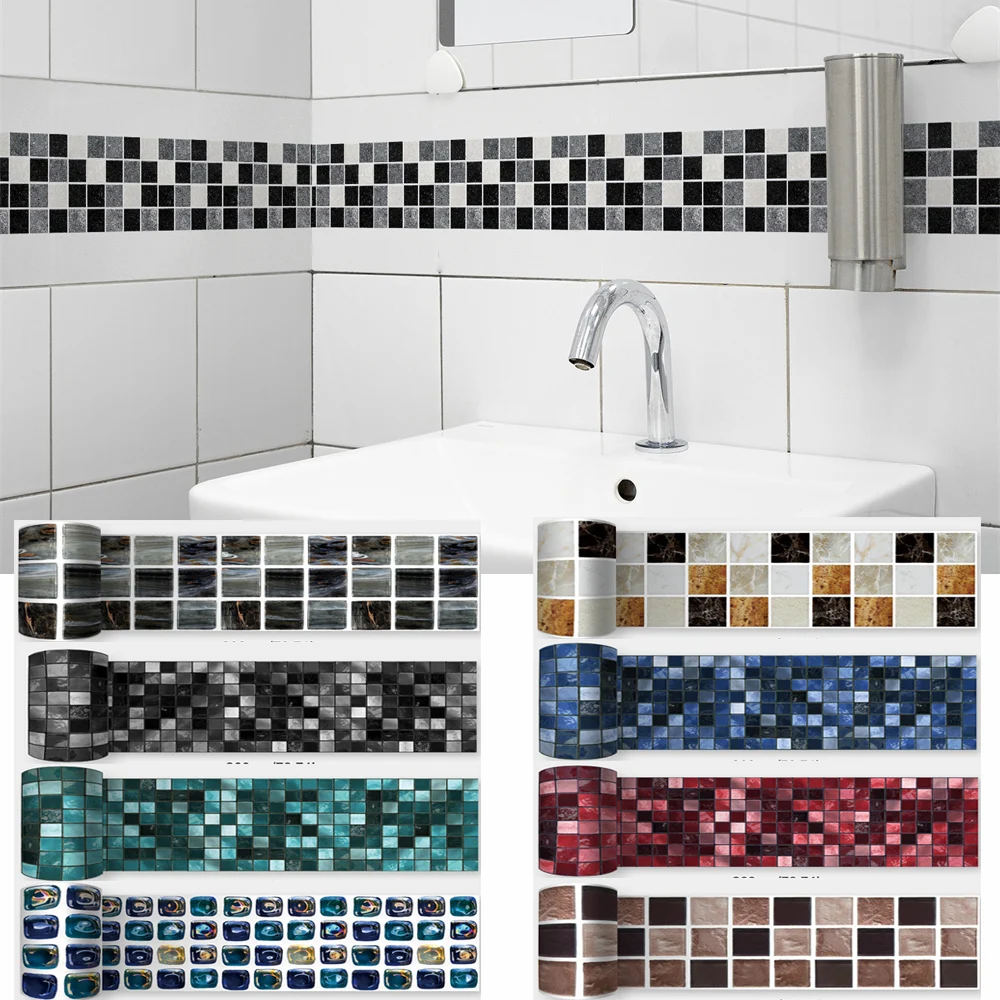 Mosaic Bathroom Waist Line Wall Stickers Waterproof Peel & Stick Art Backsplash Kitchen Office Skirting Line Decor Wallpaper