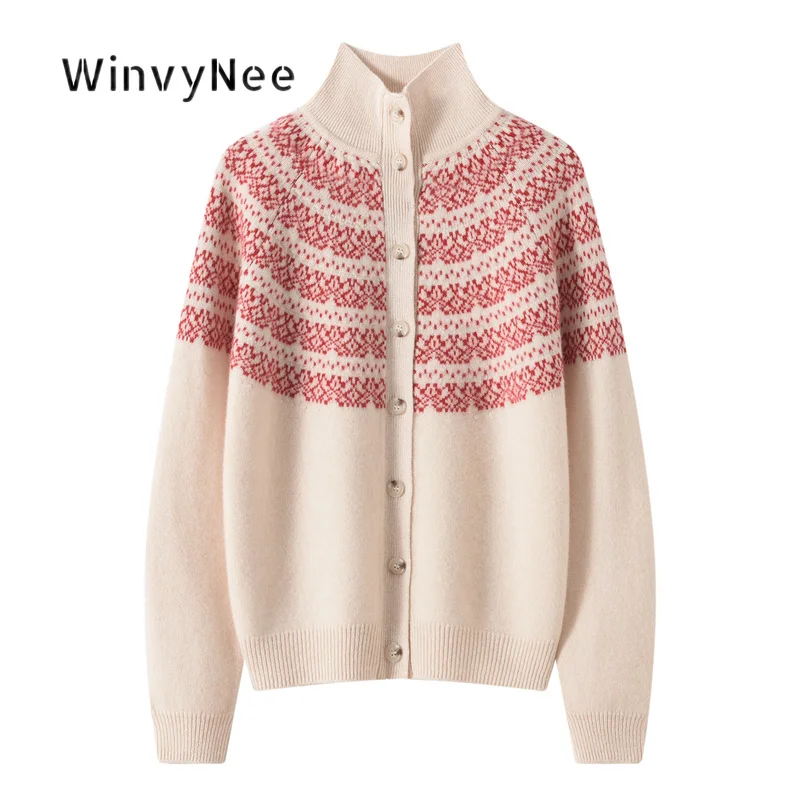 WinvyNee Women Fair Isle Jacquard Knit Cardigan 100% Wool Stand Collar Raglan Sweater Autumn Nice Warm Knit Tops Soft B1523092A